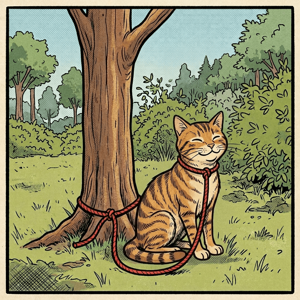 Tabby cat tied to a wooden pole with red rope in a backyard, happily purring